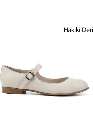 GÖNDERİ Kadın Bej  Bilek Bağlı Mary Jane Hakiki Deri Babet