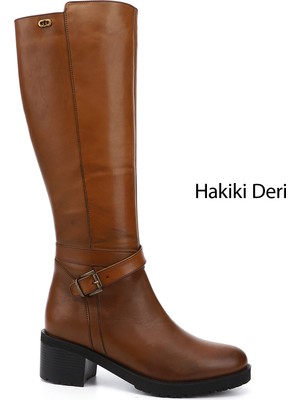 GÖNDERİ Kadın Taba Antik  Fermuarlı Kalın Topuklu Hakiki Deri Çizme