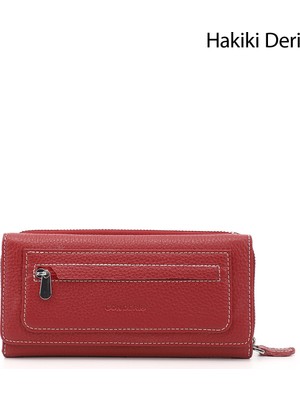 GÖNDERİ Kadın Kırmızı - Lacivert  Yatay Hakiki Deri Cüzdan