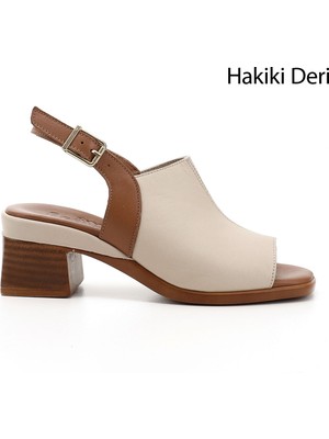 GÖNDERİ Kadın Antik Bej  Kalın Topuklu Hakiki Deri Sandalet