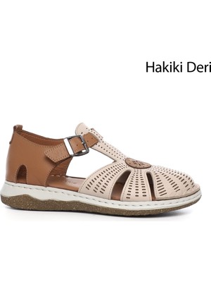 GÖNDERİ Kadın Bej  Dolgu Topuk Hakiki Deri Sandalet
