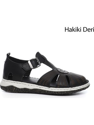 GÖNDERİ Kadın Kömür  Dolgu Topuk Hakiki Deri Sandalet