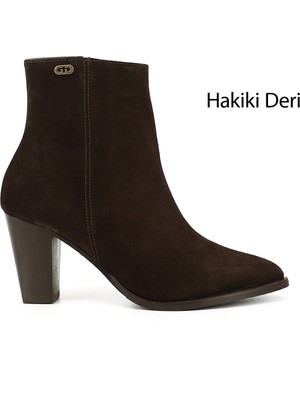 GÖNDERİ Kadın Kahverengi - Süet  Fermuarlı Sivri Burun Hakiki Deri Bot