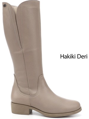 GÖNDERİ Kadın Bej  Fermuarlı Kalın Topuklu Hakiki Deri Çizme