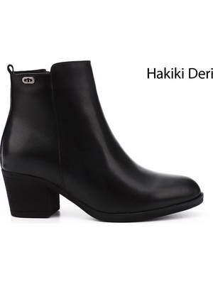 GÖNDERİ Kadın Siyah Fermuarlı Kalın Topuklu Hakiki Deri Bot