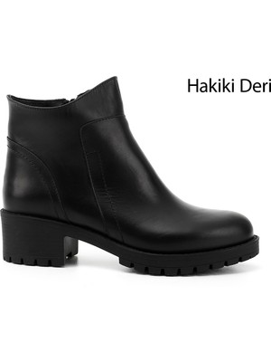 GÖNDERİ Kadın Siyah  Fermuarlı Kalın Topuklu Hakiki Deri Bot