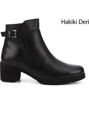 Gönderi® Kadın Siyah Floter Fermuarlı Kalın Topuklu Hakiki Deri Bot