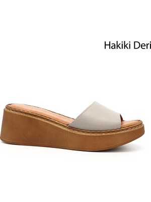Kadın Krem Dolgu Taban Hakiki Deri Terlik