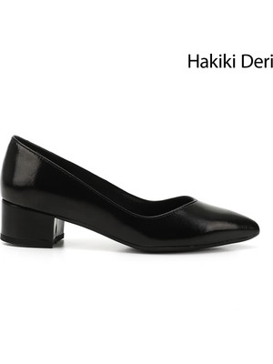 GÖNDERİ Kadın Siyah Rugan  Kısa Kalın Topuklu Hakiki Deri Ayakkabı