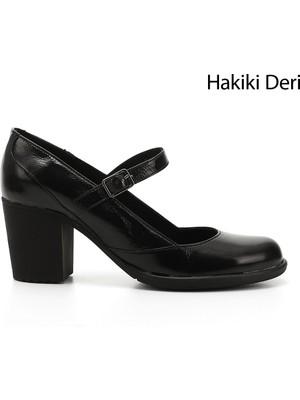 GÖNDERİ Kadın Siyah Rugan  Kalın Topuklu Mary Jane Hakiki Deri Ayakkabı