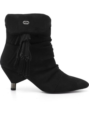 GÖNDERİ Kadın Siyah Süet  Püsküllü Sivri Burun İnce Topuklu Bot