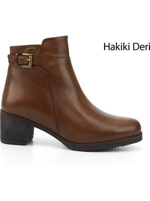 GÖNDERİ Kadın Taba Antik  Fermuarlı Kalın Topuklu Hakiki Deri Bot
