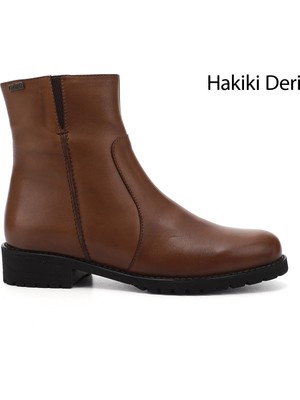 Gönderi® Kadın Taba Antik Fermuarlı Kauçuk Taban Hakiki Deri Bot