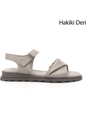 GÖNDERİ Kadın Silver  Cırt Bantlı Hakiki Deri Sandalet