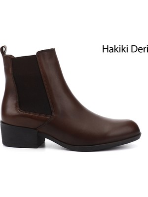GÖNDERİ Kadın Kahve Antik  Fermuarlı Kalın Topuklu Hakiki Deri Chelsea Bot