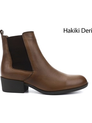 GÖNDERİ Kadın Vizon Antik  Fermuarlı Kalın Topuklu Hakiki Deri Chelsea Bot