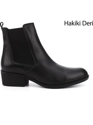 GÖNDERİ Kadın Siyah  Fermuarlı Kalın Topuklu Hakiki Deri Chelsea Bot