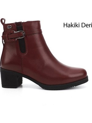 GÖNDERİ Kadın Bordo  Fermuarlı Kalın Topuklu Hakiki Deri Bot