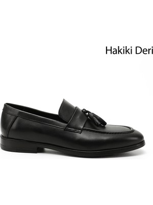 GÖNDERİ Erkek Siyah  Püsküllü Hakiki Deri Loafer Ayakkabı
