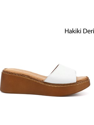 Gönderi(r) Kadın Beyaz Dolgu Taban Hakiki Deri Terlik