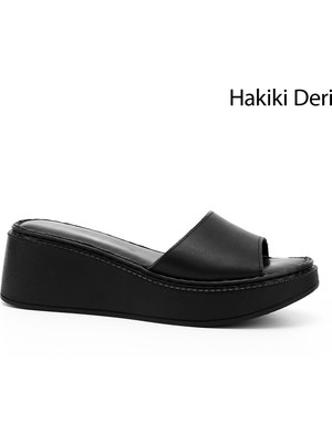 Kadın Siyah Dolgu Taban Hakiki Deri Terlik