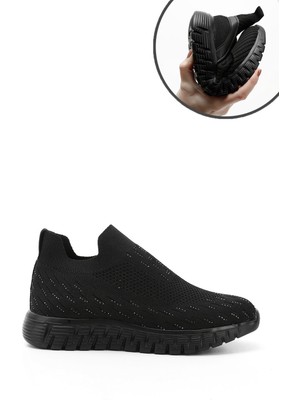 Kadın Siyah Triko Taşlı Memory Foam Tabanlıklı Comfort Sneaker