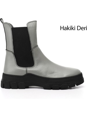 GÖNDERİ Kadın Gri  Kauçuk Taban Hakiki Deri Chelsea Bot