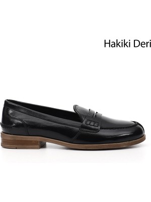 GÖNDERİ Kadın Siyah Rugan  Hakiki Deri Loafer Ayakkabı