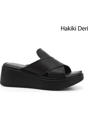 Gönderi(r) Kadın Siyah Dolgu Taban Hakiki Deri Terlik