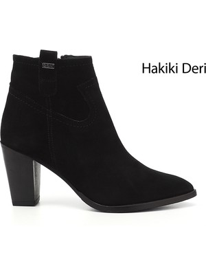 GÖNDERİ Kadın Siyah Süet  Fermuarlı Sivri Burun Hakiki Deri Bot