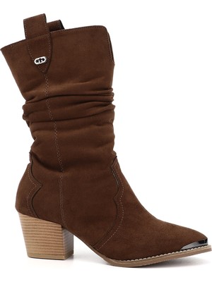 GÖNDERİ Kadın Kahverengi - Süet  Sivri Burun Kalın Topuklu Kovboy Çizme