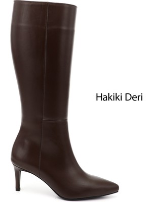Gönderi(r) Kadın Kahverengi Platinum Fermuarlı İnce Topuklu Hakiki Deri Çizme
