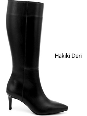 Gönderi® Kadın Siyah Platinum Fermuarlı İnce Topuklu Hakiki Deri Çizme