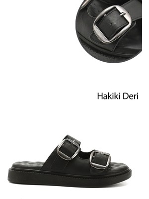 GÖNDERİ Kadın Siyah  Tokalı Dolgu Taban Hakiki Deri Comfort Terlik