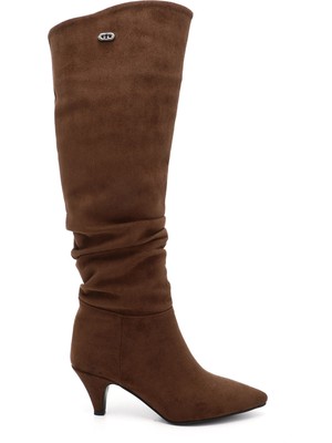 GÖNDERİ Kadın Kahverengi - Süet  Sivri Burun Körüklü İnce Topuklu Çizme