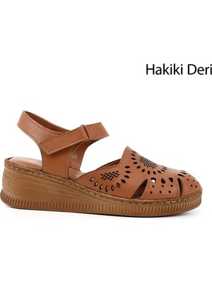 GÖNDERİ Kadın Taba Antik  Cırt Bantlı Dolgu Topuk Hakiki Deri Sandalet