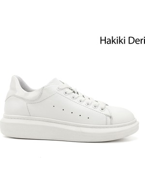 Gönderi® Kadın Beyaz Bağcıklı Dolgu Taban Hakiki Deri Sneaker