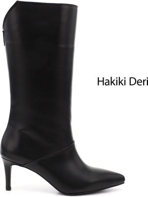 GÖNDERİ Kadın Siyah  Platinum Fermuarlı İnce Topuklu Hakiki Deri Çizme