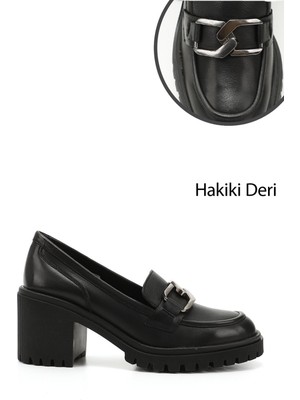GÖNDERİ Kadın Siyah  Tokalı Orta Kalın Topuklu Hakiki Deri Ayakkabı