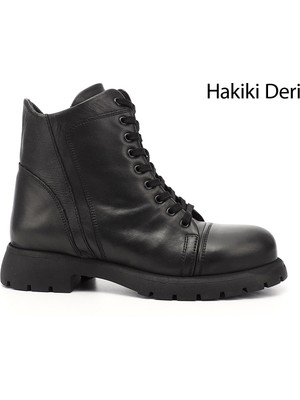 Gönderi® Kadın Siyah Fermuarlı Hakiki Deri Postal Bot