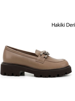 GÖNDERİ Kadın Vizon Antik  Kalın Topuklu Tokalı Hakiki Deri Loafer Ayakkabı