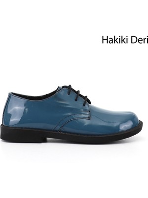 GÖNDERİ Kadın Mavi Rugan  Bağcıklı Hakiki Deri Oxford Ayakkabı