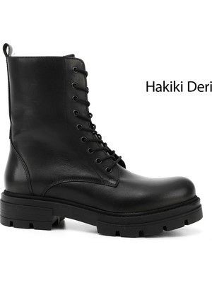 GÖNDERİ Kadın Siyah  Fermuarlı Hakiki Deri Postal Bot