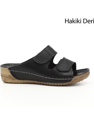 GÖNDERİ Kadın Siyah  Cırtlı Dolgu Taban Hakiki Deri Terlik
