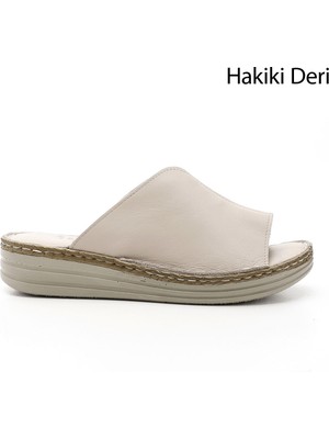 GÖNDERİ Kadın Bej  Dolgu Topuk Hakiki Deri Comfort Terlik