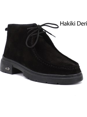 GÖNDERİ Kadın Siyah Süet  Bağcıklı Hakiki Deri Comfort Bot