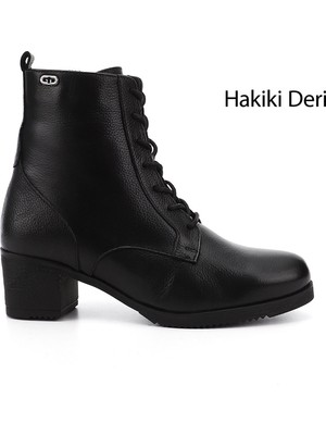 GÖNDERİ Kadın Siyah Floter  Fermuarlı Kalın Topuklu Hakiki Deri Postal Bot