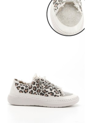 GÖNDERİ Kadın Leopar  Kot Triko Taşlı Comfort Dolgu Taban Sneaker
