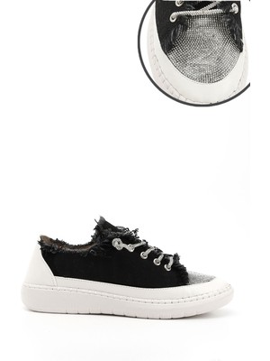 Kadın Siyah Kot Triko Taşlı Comfort Dolgu Taban Sneaker