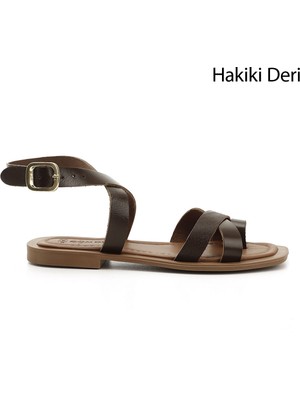 GÖNDERİ Kadın Kahverengi  Parmak Arası Bilek Bağlı Hakiki Deri Sandalet